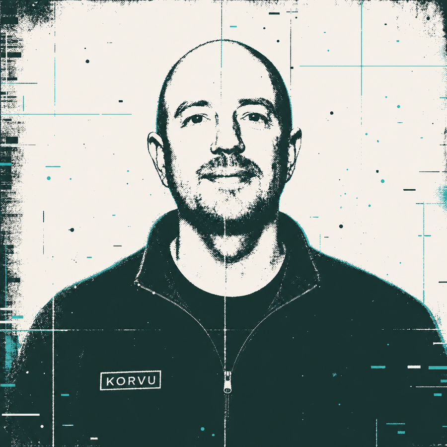 DIY xerox portrait of S.A.Wood, founder, wearing a Korvu quarter-zip